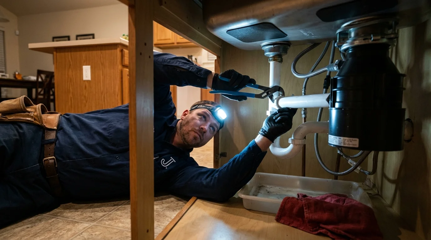 P-trap and supply line connections under a kitchen sink showing a common leak point in Erving, MA